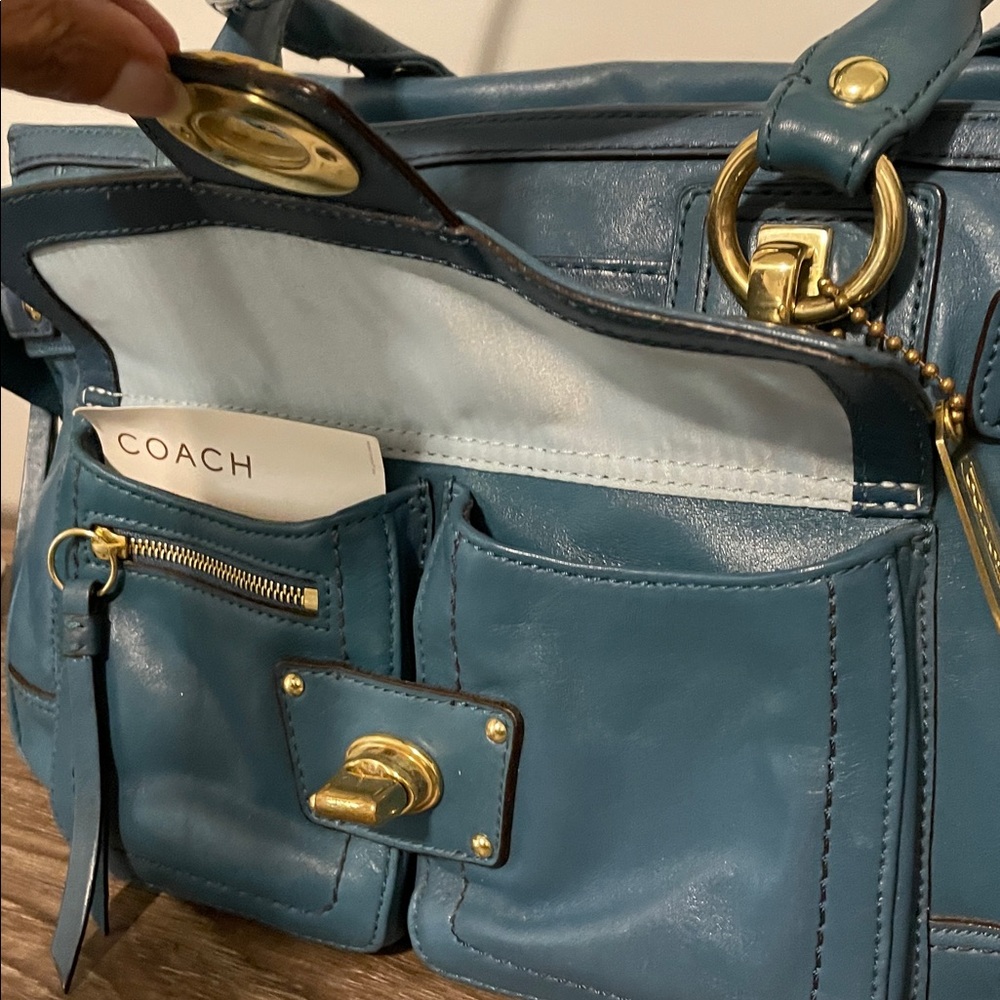 Coach Hampton Lindsay Satchel F12475 Teal Medium Size Structured Pockets Galore - Picture 9 of 16